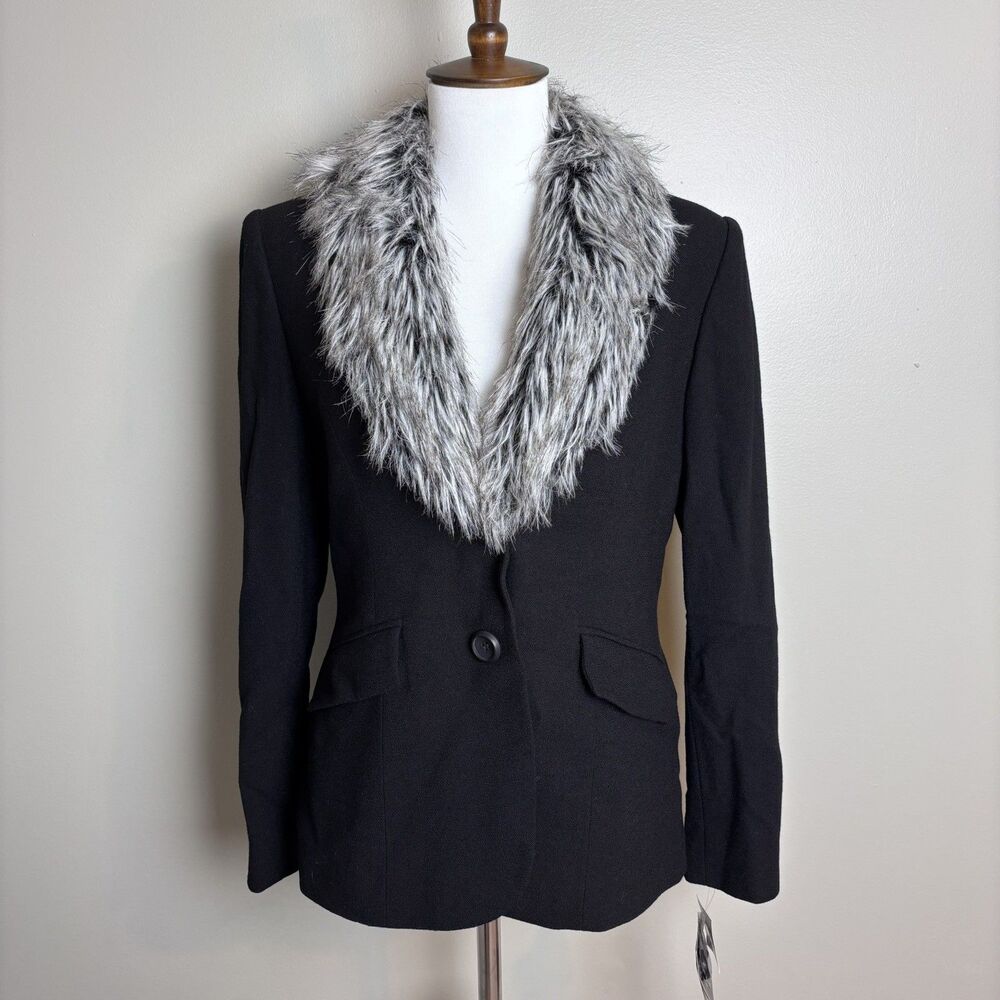 VTG Y2K 100% Wool Blazer Jacket Sz 4P Faux Fur Collar Goth Glam Mobwife NWT $279